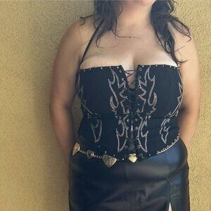 Janie Black Woven Western Embroidered Studded Lace Front Corset Top
